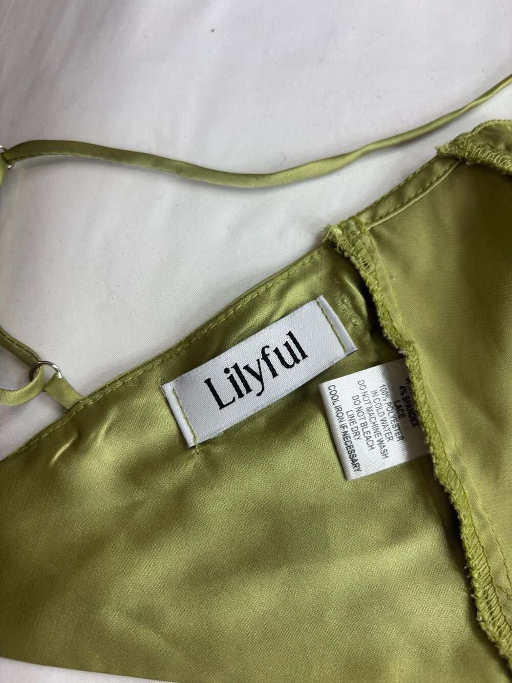 Lilyful Lime Green Satin Lace-Trim Hanky Hem Tie-Back Crop Top - Picture 6 of 6